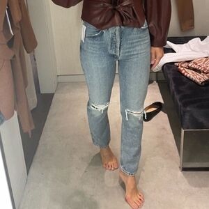 NWT Agolde Riley Escalate Wash Denim Ripped Knee High Rise Straight Jeans 26